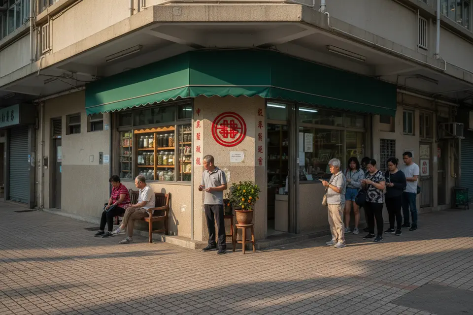 屋邨街角的中醫診所外，幾位街坊排隊等候看診，午後陽光灑落。