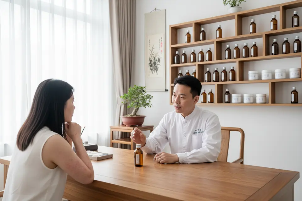 中醫診症室裡，醫師向求診者講解外用藥水的用法，架上整齊排列著洗液與藥膏。