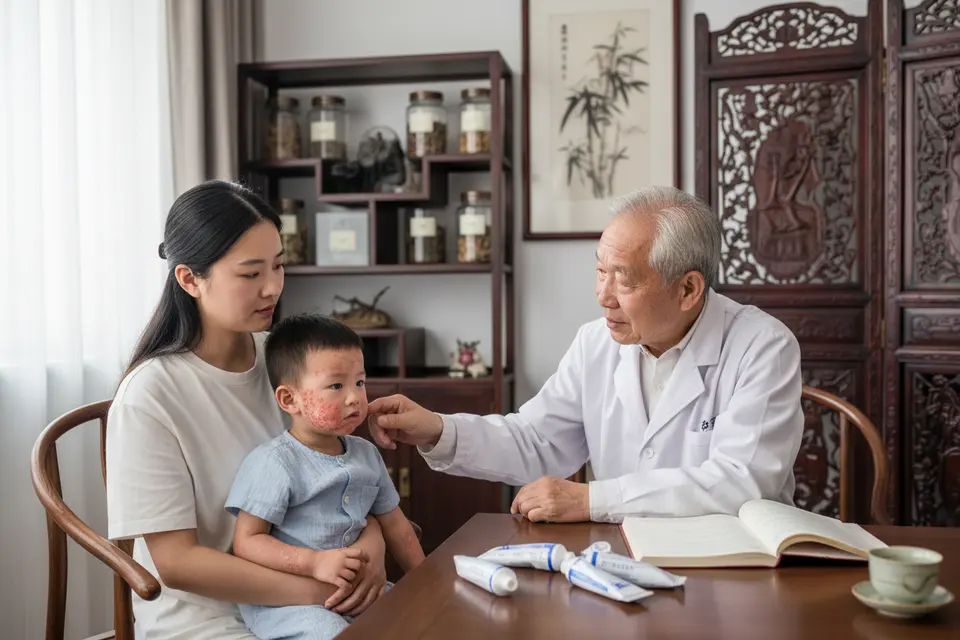 診間中家長抱著幼童讓醫師查看手臂皮膚,孩子皮膚乾粗,桌上有幾支藥膏。