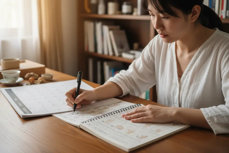 書桌前一個人一手按著月曆、一手拿筆做記號,桌上攤著記錄痕癢的筆記本。