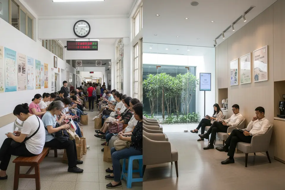 公營中醫診所走廊坐滿候診人群,另一側私家診所候診區顯得安靜。