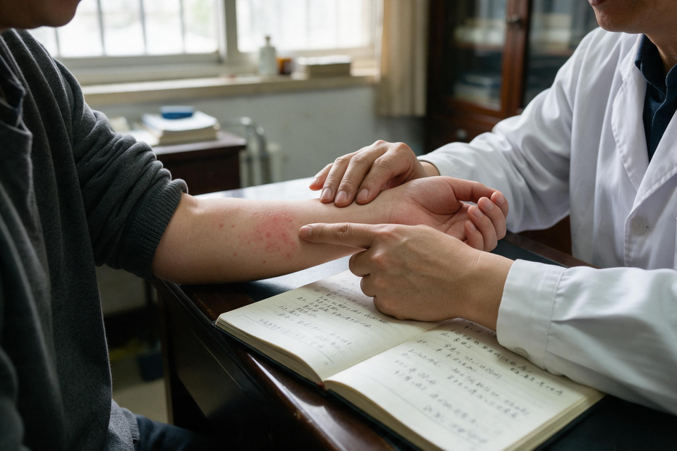 中醫師在診室為求診者把脈,桌上攤開記錄病程的筆記本,光線柔和。