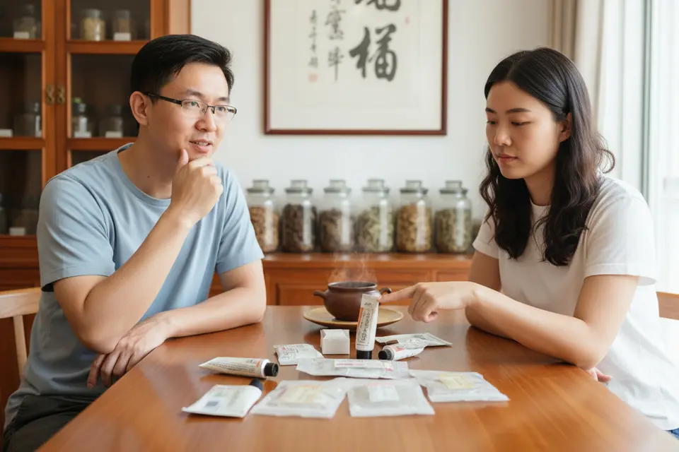 中醫師與求診者隔著診桌對坐,桌上攤著幾支藥膏和藥袋,一同討論後續方向。