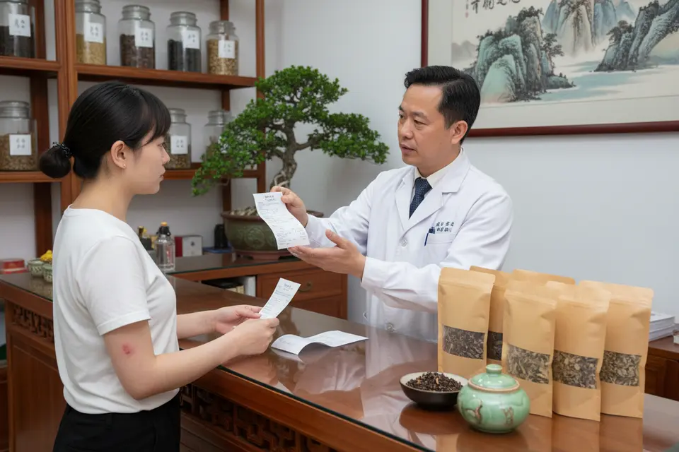 中醫師在診所櫃檯向患者說明處方與藥費,桌上放著藥包。