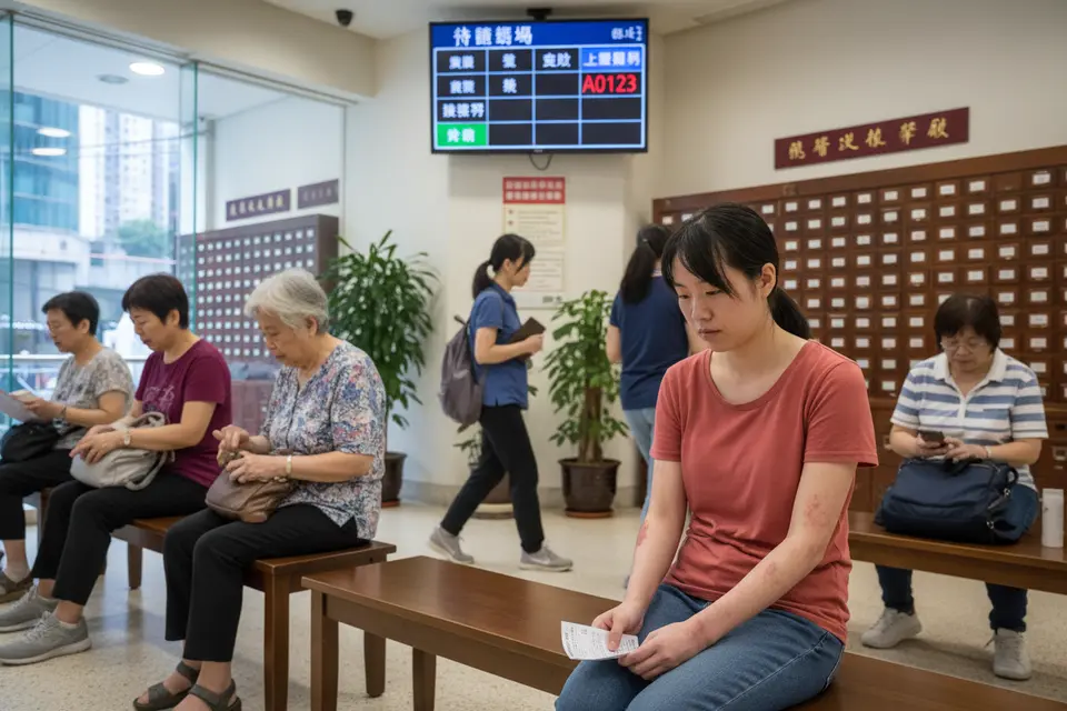 候診大堂裡,一名女士手握籌號坐在長椅上,抬頭望向牆上的輪候顯示屏。