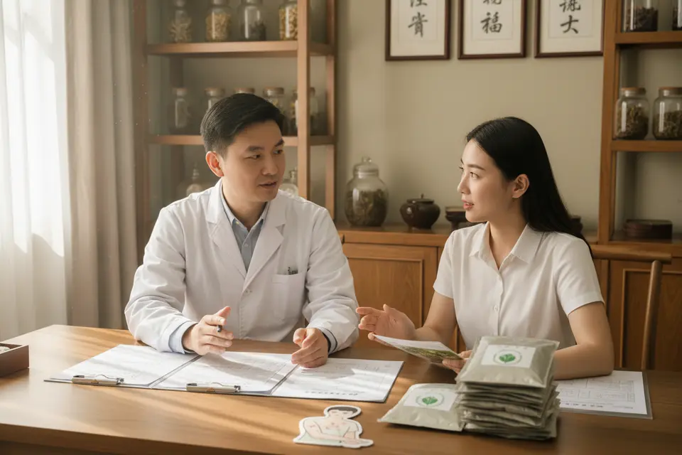 中醫診室中,醫師隔著桌子向患者說明,桌面放著病歷與藥單。