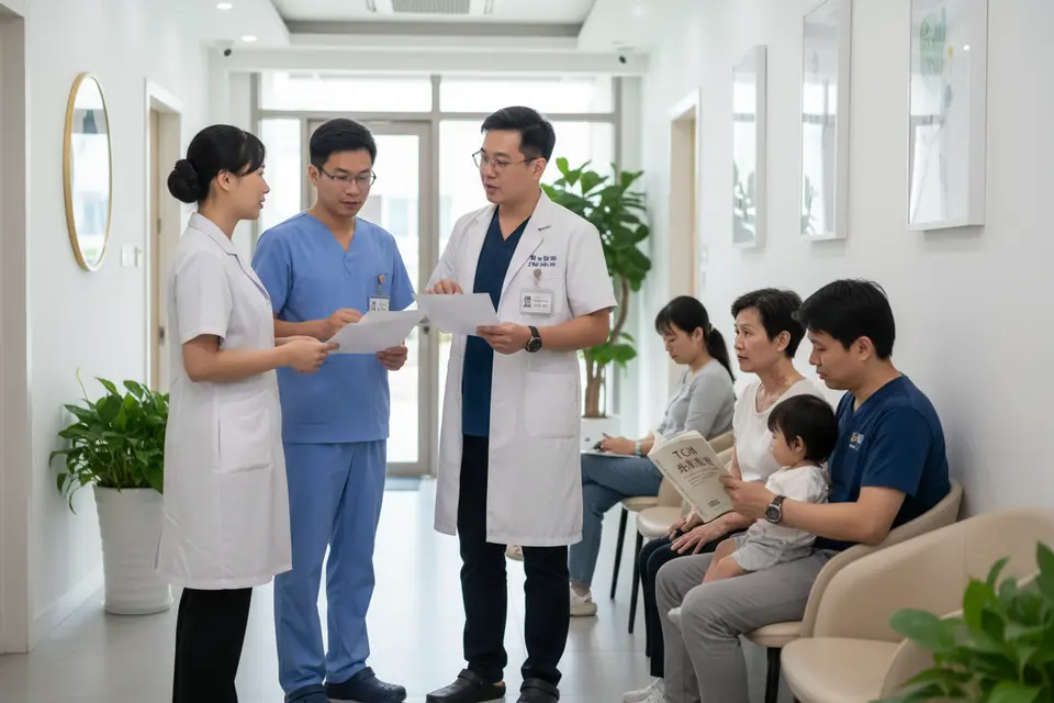 診所走廊裡,醫護人員手持轉介文件交談,患者坐在一旁等候。