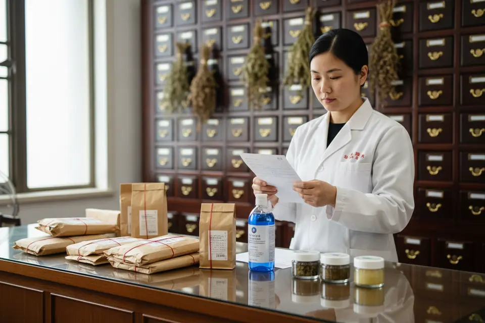 中醫診所配藥桌上擺著中藥包、洗液瓶與藥膏罐，醫師正核對處方。