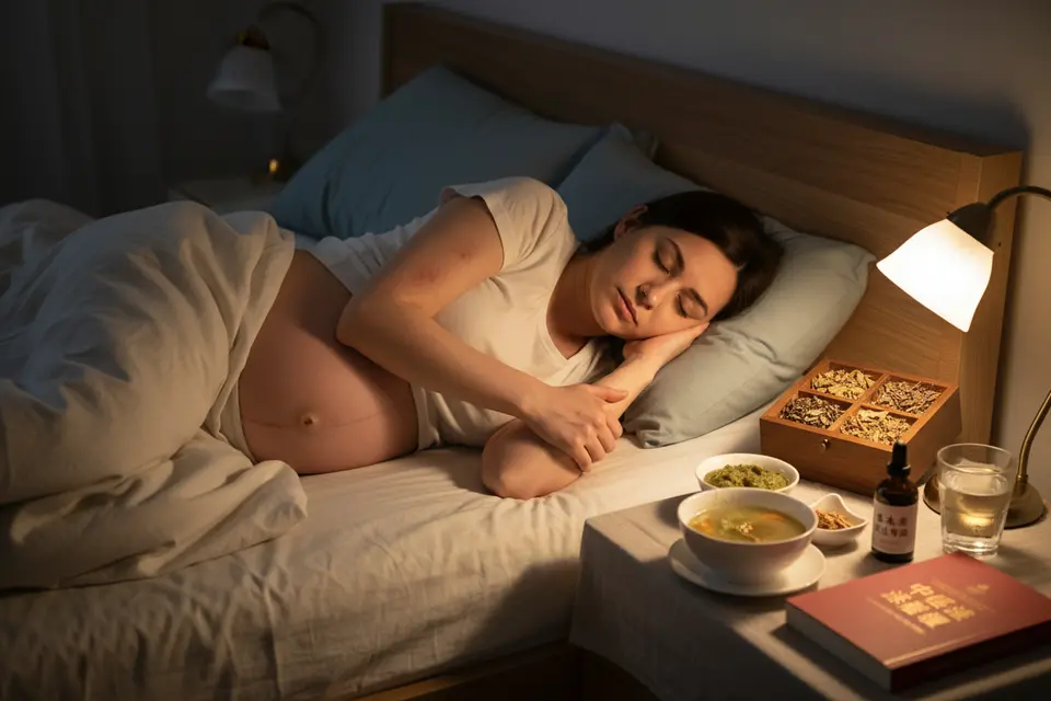 夜裡孕婦側躺在床上,一手輕撫手臂,床頭小燈亮著。