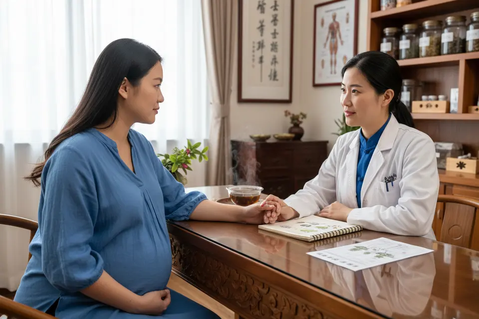 孕婦在診間與醫師對坐,桌上放著筆記本與藥單,兩人正在討論。