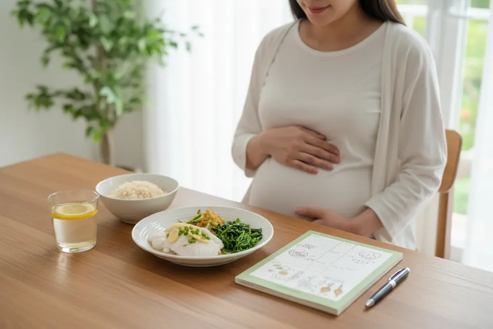 孕婦坐在餐桌前,桌上是清淡飯菜與溫水,旁邊有一本筆記本。