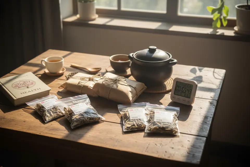 木桌上放著中藥飲片與藥袋，旁邊一只砂鍋，窗外晨光透入。