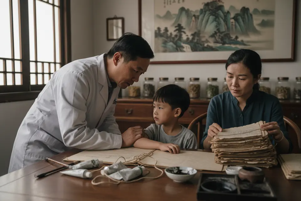 中醫診室裡醫師查看小童手臂的紅疹,母親坐在旁邊翻病歷。
