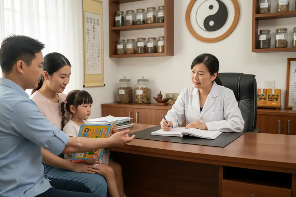 診間裡成年患者捲起衣袖露出手肘厚皮,醫師隔桌查看並記錄。