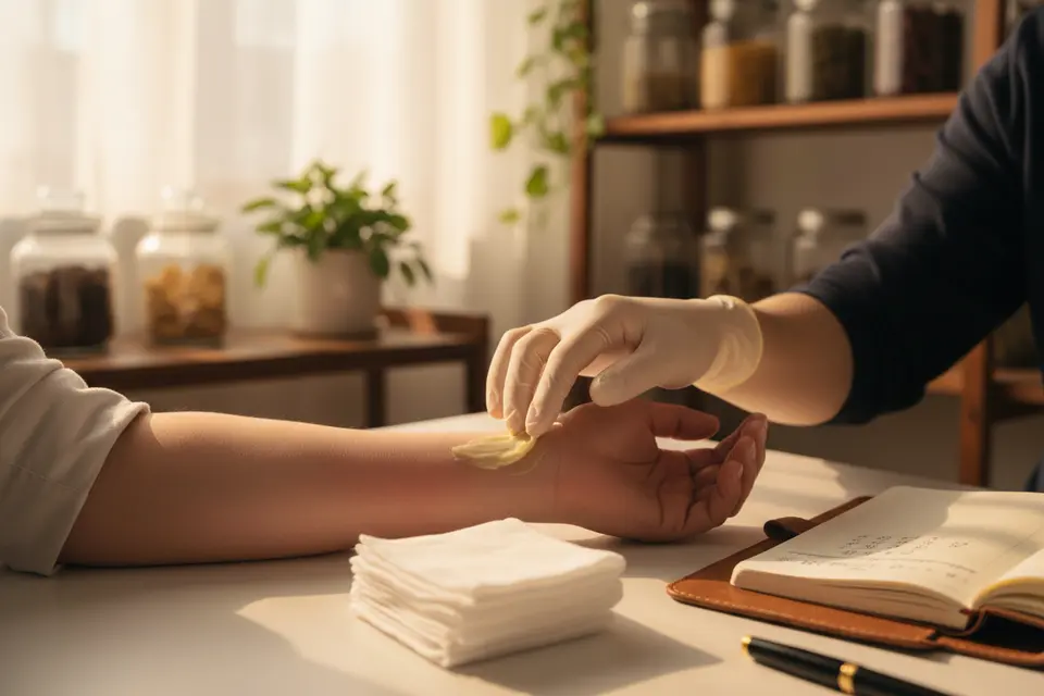 中醫師戴手套為患者手臂患處塗抹藥膏,桌上放著紗布與覆診記錄。
