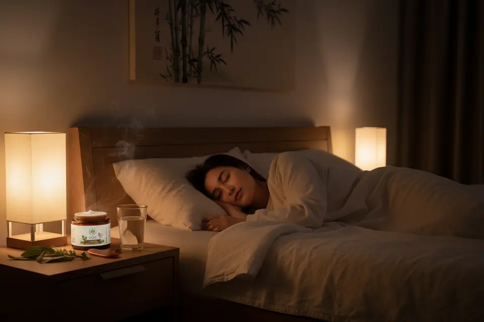夜晚臥室裡患者安穩入睡,床頭放著保濕乳液與溫水。