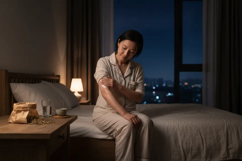 夜晚房間裡,患者坐在床邊為手臂塗抹保濕乳液,桌上放著中藥包。