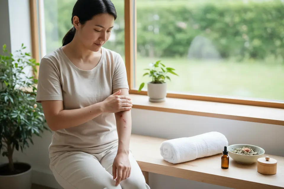 一個人坐在窗邊,低頭查看手臂內側的皮膚,旁邊放著一條折好的棉質毛巾。