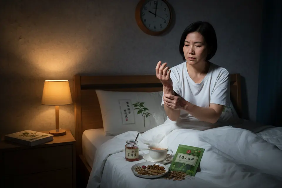 深夜臥室裡,一人坐在床邊抓著手腕與指縫,床頭小燈亮著,神情疲憊。