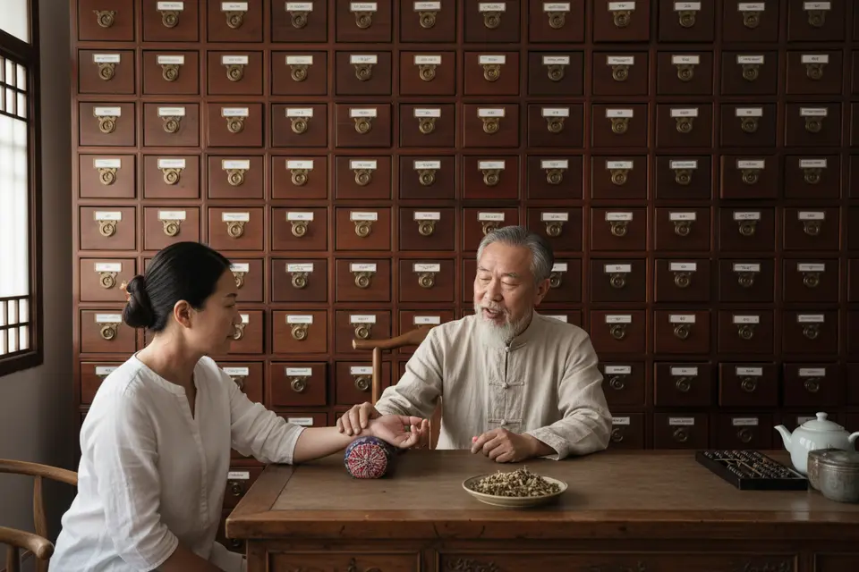 中醫診室裡,醫師隔著桌子為患者把脈,背後是整面木格藥櫃,桌上放著藥材。