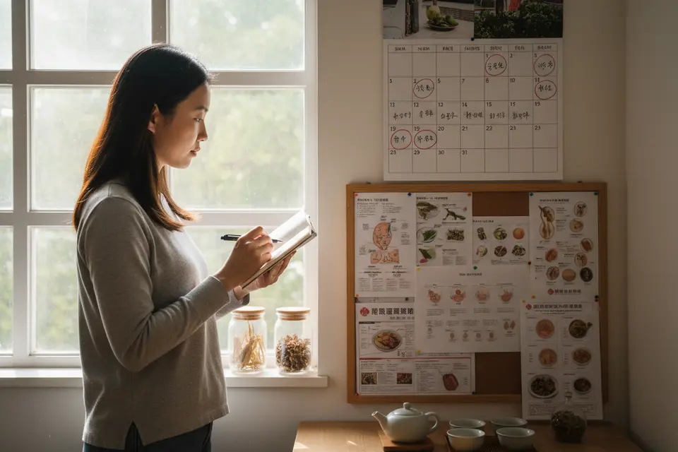 一位女士在窗邊看日曆,把痕癢發作日期與當日天氣對照記下。