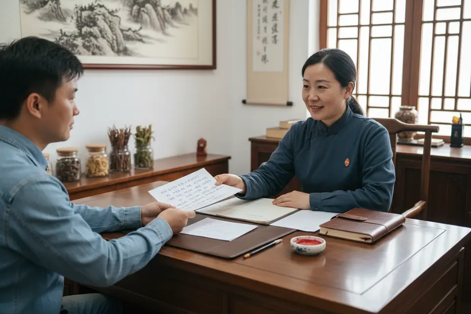 診室內求診者把寫著問題的紙遞給中醫師,桌上放著藥單與筆記本。
