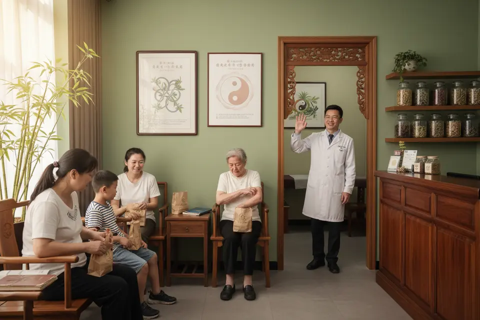 中醫診所候診區裡,幾位覆診者坐在椅上等候,桌上放著記錄本與藥袋。