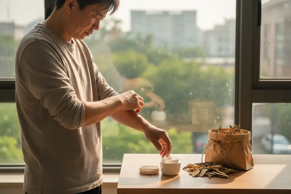 窗邊的成年人捲起袖子檢視手臂上乾燥泛紅的皮膚,桌上放著保濕霜與一包中藥材。