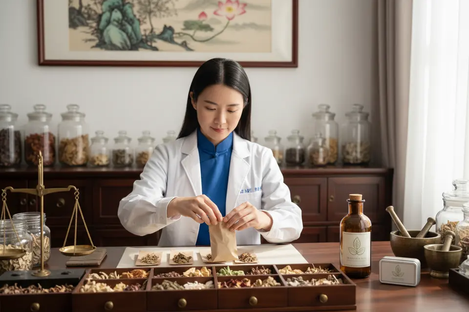 中醫師在診間將中藥材分裝進藥袋,桌旁放著一瓶外用藥水與一盒藥膏。