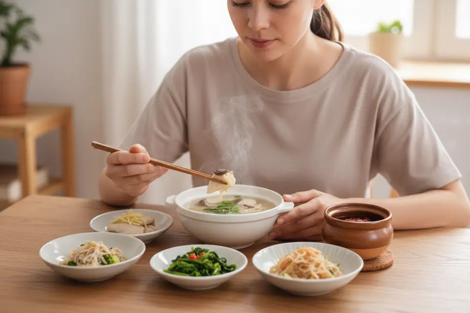 餐桌上放著幾碟清淡菜餚與一碗熱湯,一個人舉筷用餐,神情放鬆。