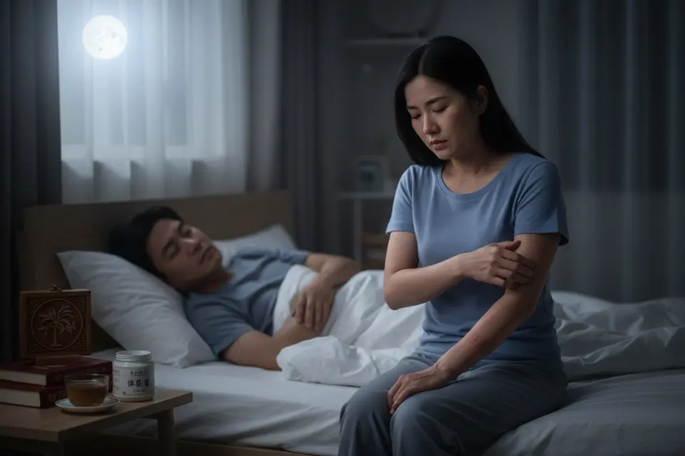 深夜臥室中,一名女子坐在床邊抓著手臂,身旁伴侶已經熟睡。
