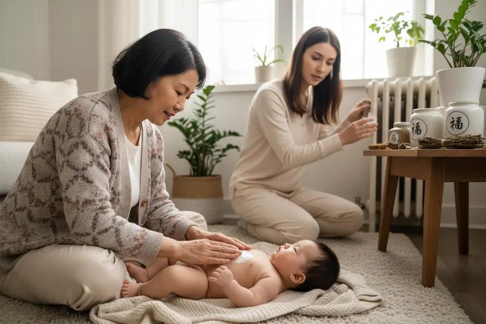客廳中祖母為嬰兒塗抹潤膚霜,年輕媽媽在旁調整暖氣。