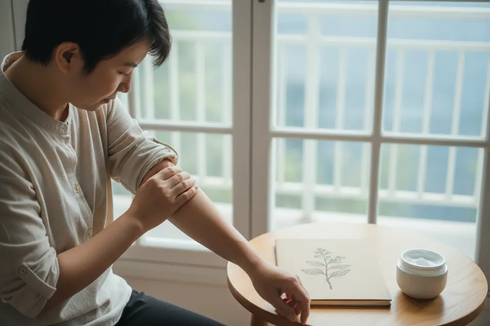 一位成年人坐在窗邊檢視手臂內側皮膚,桌上放著筆記本與保濕乳霜。