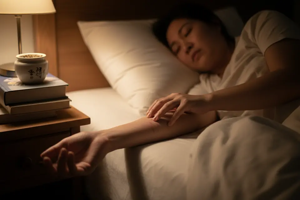 夜裡躺在床上的人伸手抓手臂內側,皮膚上有淡淡抓痕。