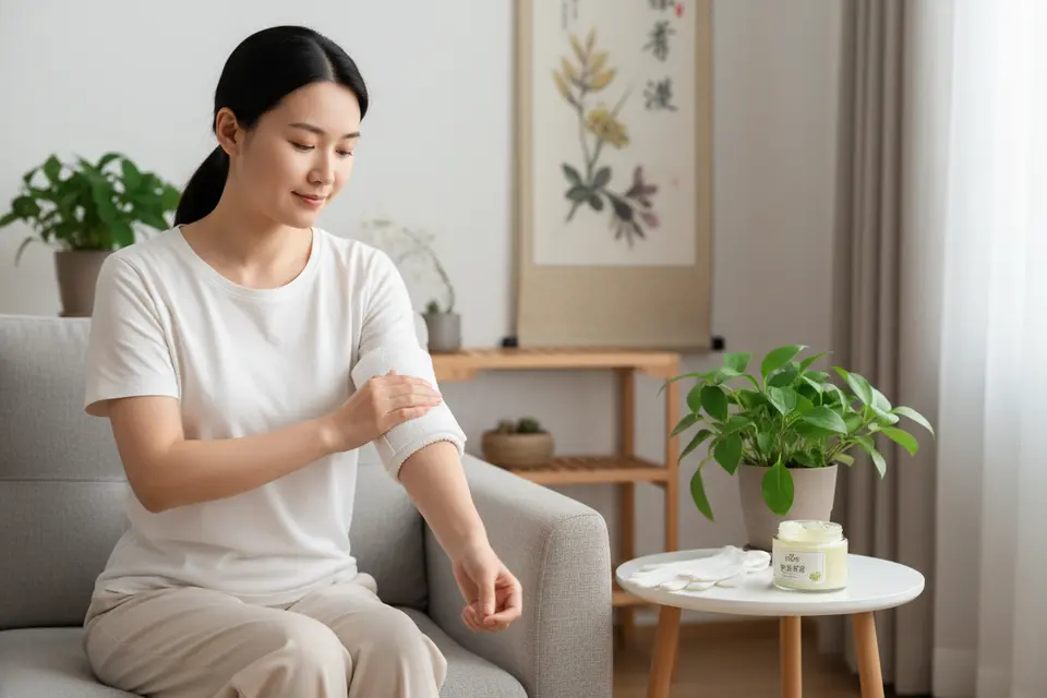 沙發上的人用毛巾包冷敷袋敷手臂,桌上有棉手套和乳霜。