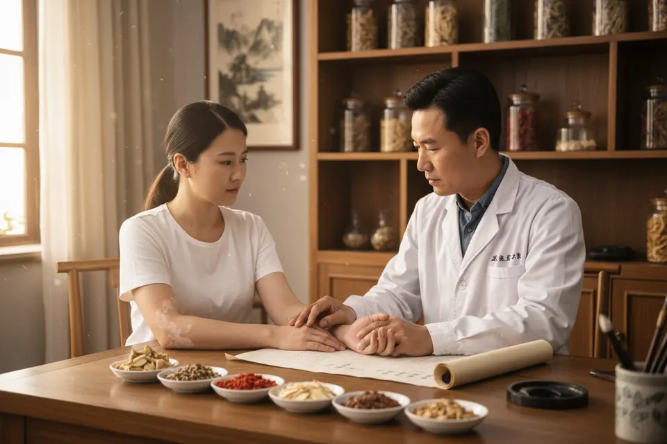 中醫師在診所為患者把脈,桌上放著幾味中藥材。