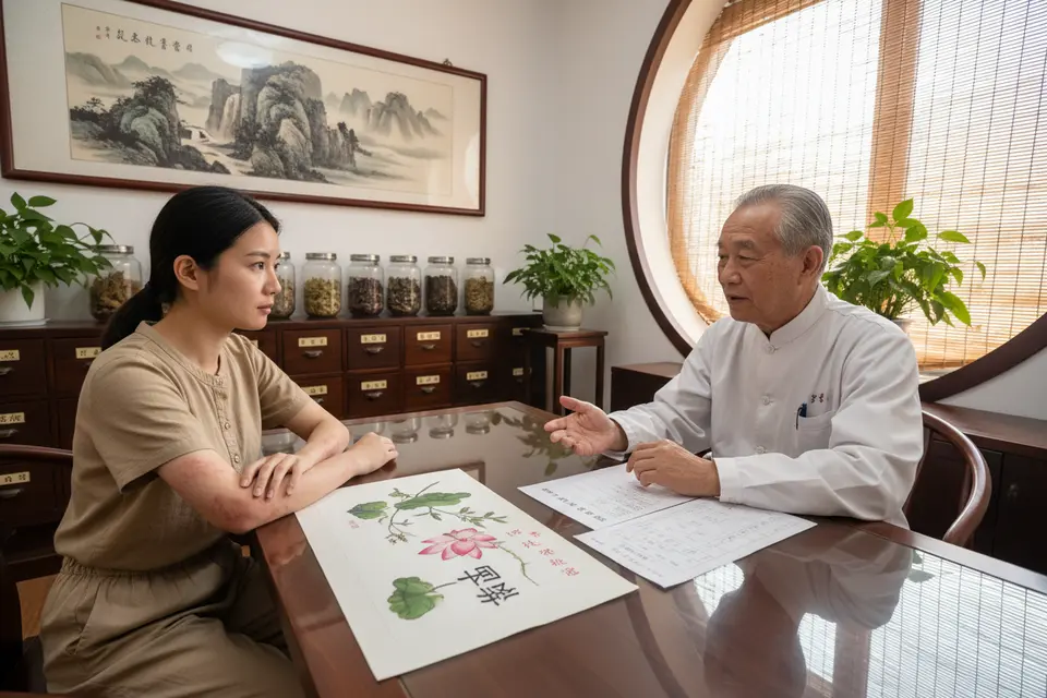 中醫診室內醫師與求診者對坐,桌上放著處方與收費單,醫師逐項說明。