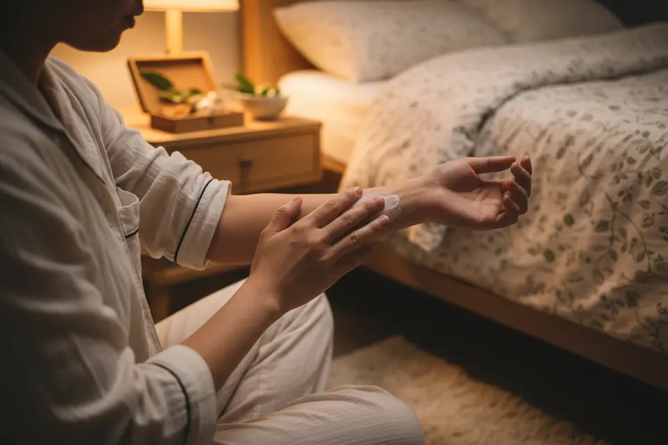 夜晚臥室床邊,一人坐著把保濕乳膏塗在手肘內側,燈光柔和。