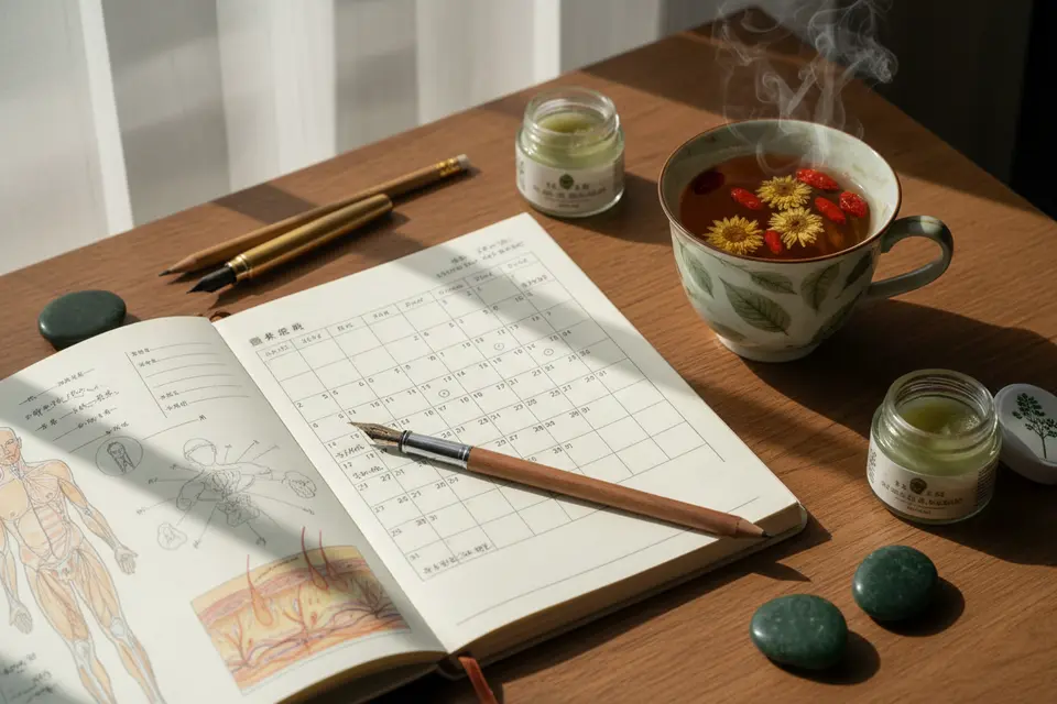 一個人坐在書桌前，翻開筆記本，用簡圖標出前臂與頸側的皮疹位置。