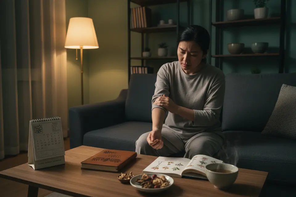 深夜窗邊，一個人靠坐著抓手臂，桌上放著記錄睡眠與壓力的筆記本。