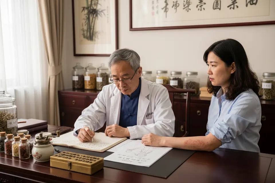 中醫診室內，醫師與患者隔桌對坐，桌上放著病程筆記與藥袋。