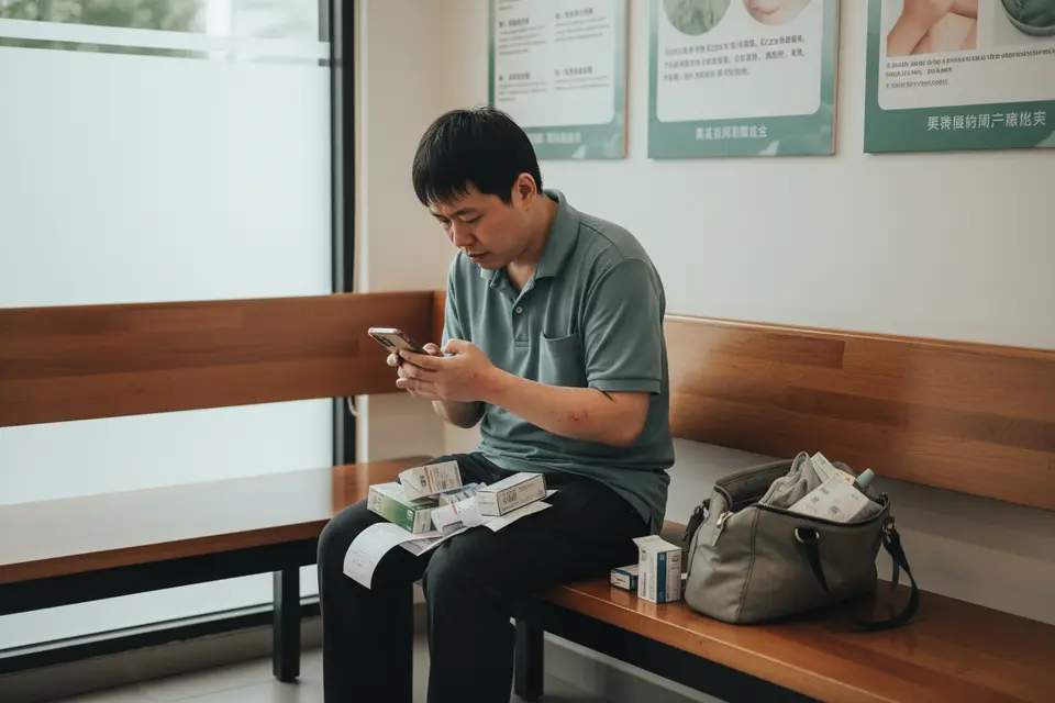 候診區裡，一名求診者坐在長椅上滑手機，膝上放著幾個藥盒與單據。