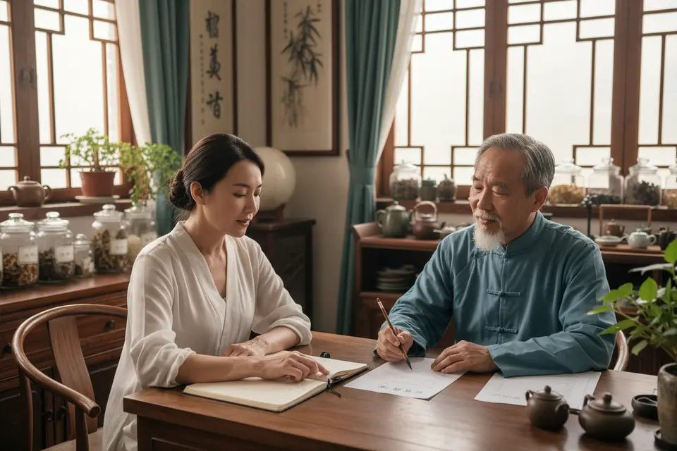 中醫診室裡，求診者隔桌向醫師逐條提問，桌上放著筆記本與處方。
