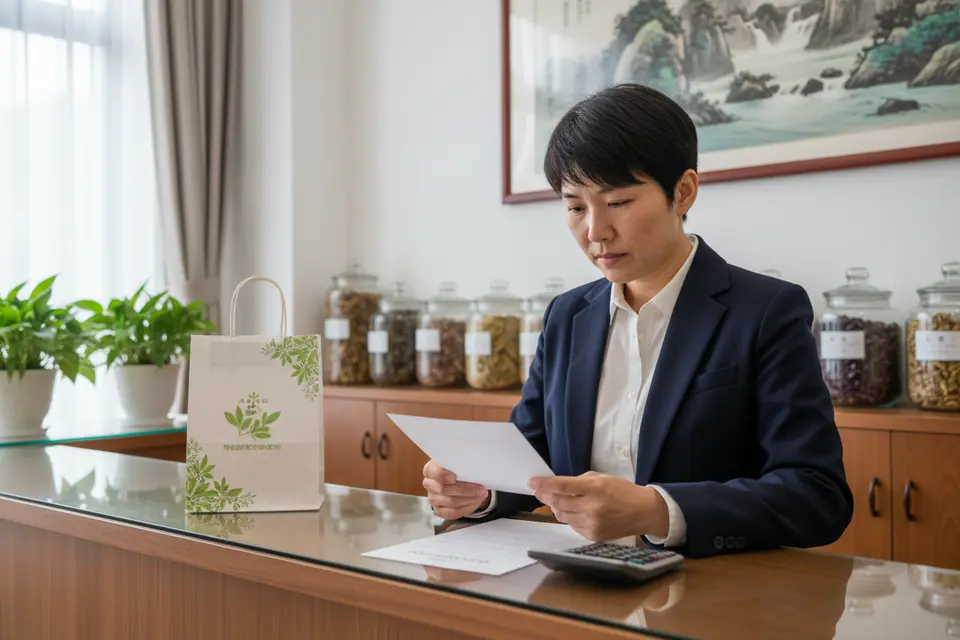 患者在診所櫃檯前低頭細看手中的收費單，旁邊放着藥袋與計算機。