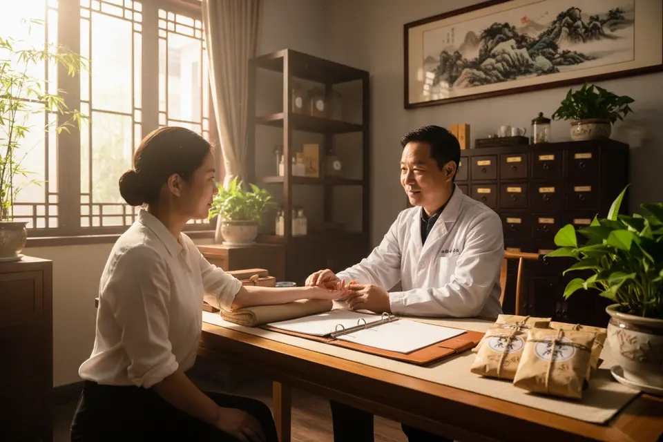 中醫診所內醫師為病人把脈，桌上放著病歷與藥材，氣氛安靜。