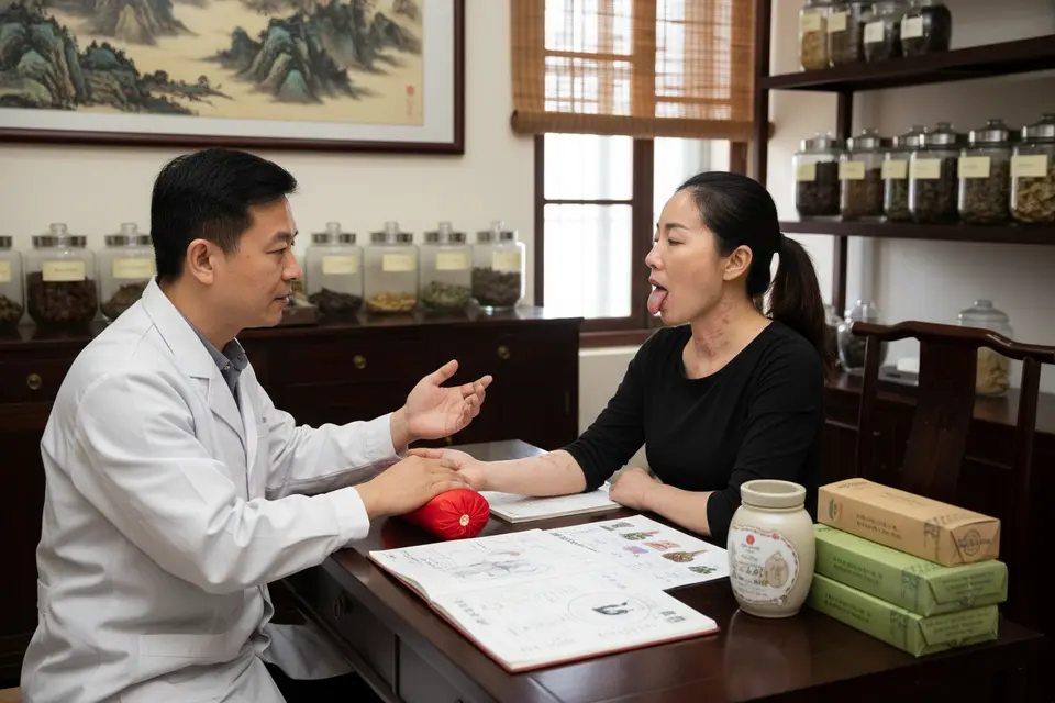 診間裡中醫師為患者把脈,患者伸出手腕,桌上放著脈枕與翻開的病歷。