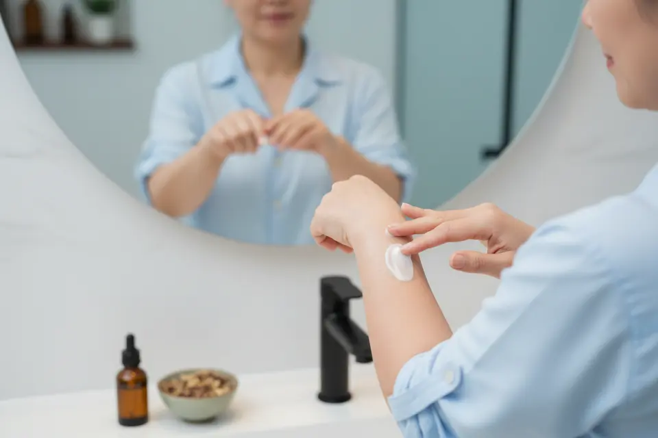 浴室鏡前,一名成年人捲起袖子,用手指將乳霜塗在手臂上。