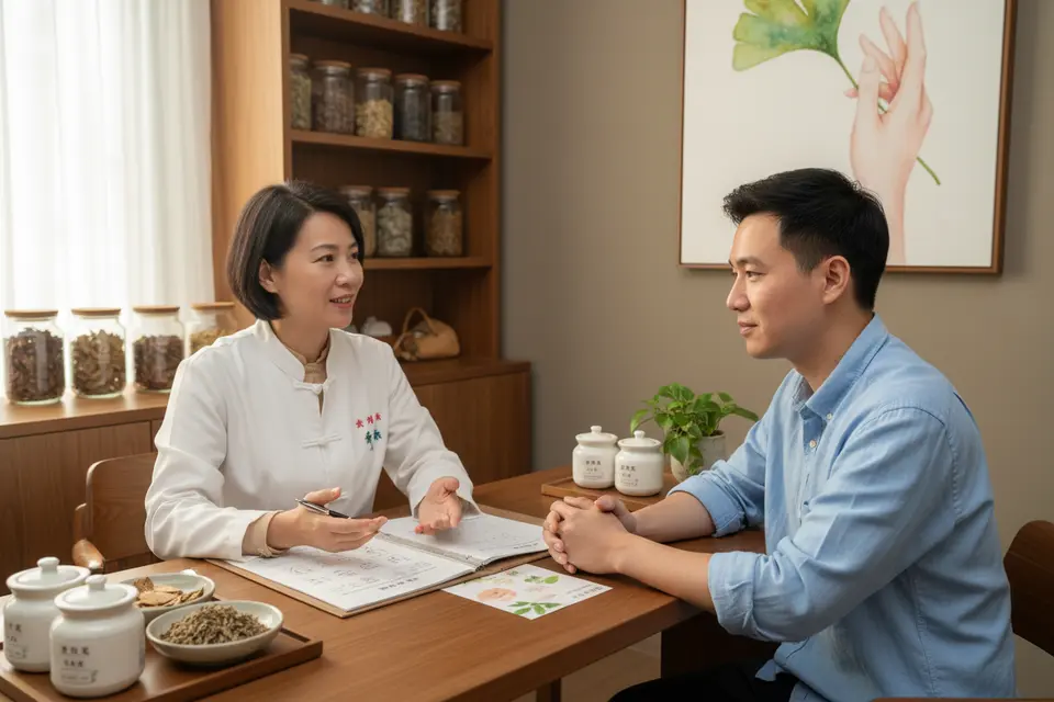 診桌兩側,中醫師與患者相對而坐,桌上攤開病歷,正討論覆診安排。