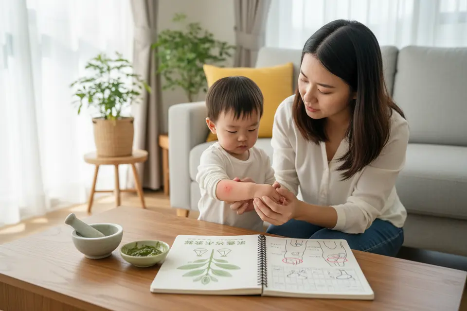家長在客廳陪著幼童,輕托孩子手臂上反覆泛紅的皮膚,桌上有筆記本。