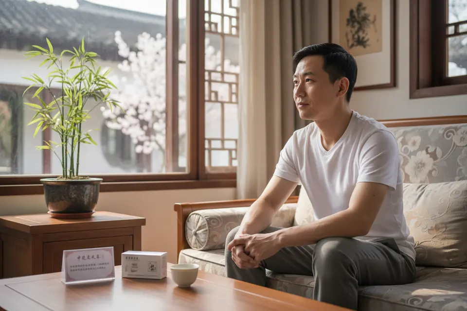 皮膚已恢復平靜的人坐在窗邊,茶几上放著覆診卡與藥膏,若有所思地望向窗外。
